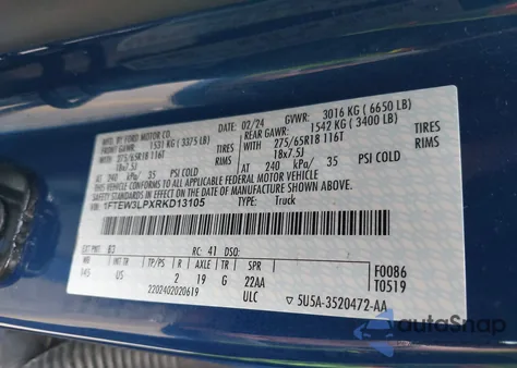 2024 Ford F-150 Xlt из США, поврежденный, VIN 1FTEW3LPXRKD13105